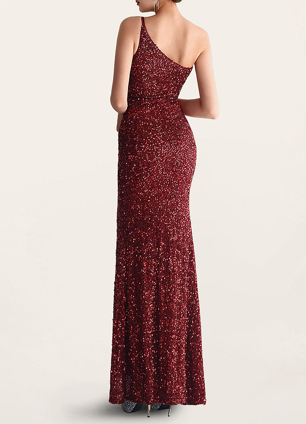 back Elegant Dazzle Burgundy Sparkly One-Shoulder Maxi Dress