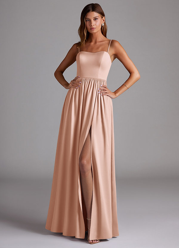 Azazie Calianna Bridesmaid Dresses Rose Gold A-Line Off the Shoulder Stretch Satin Convertible Dress image1