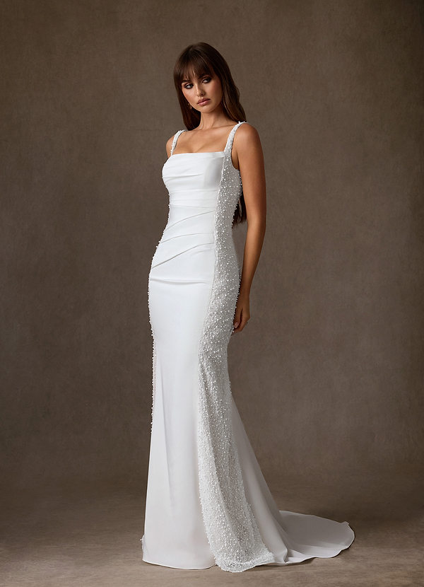 Azazie Shauna Wedding Dresses Diamond White Sheath Square Neckline Crepe Back Satin Dress image1
