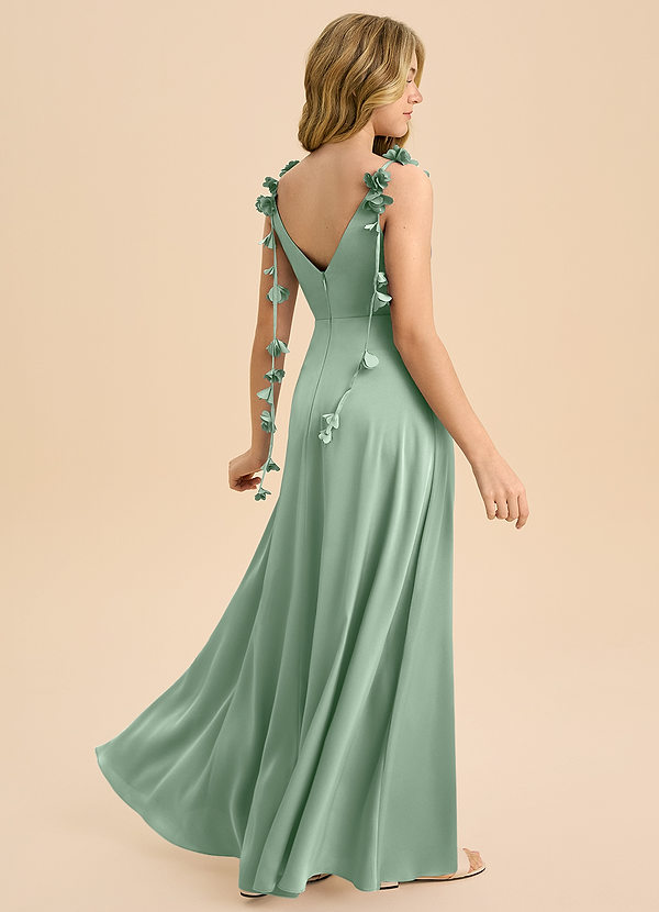 Azazie Gumdrop Junior Agave Empire Pleated Stretch Satin Dress image1