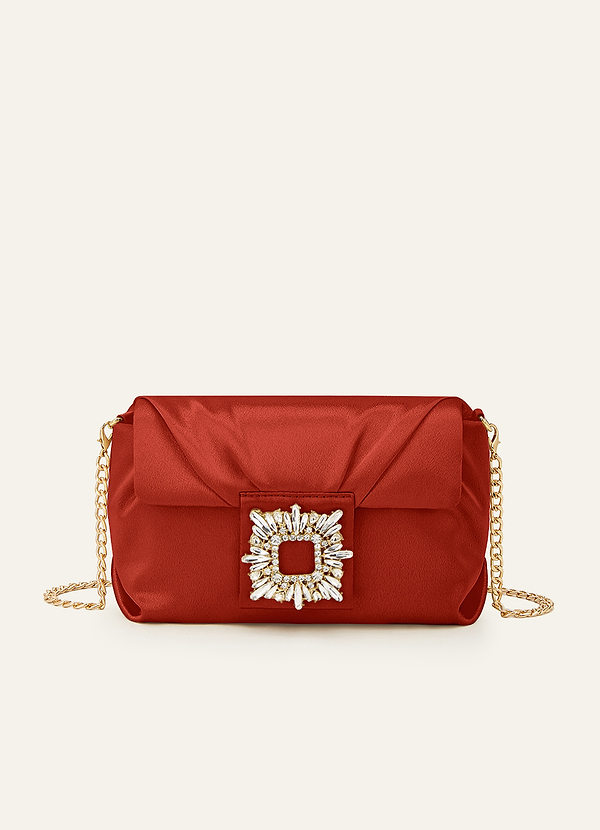 front Clutch aus farblich passendem Stretch-Satin mit Strasssteinen und quadratischer Schnalle
