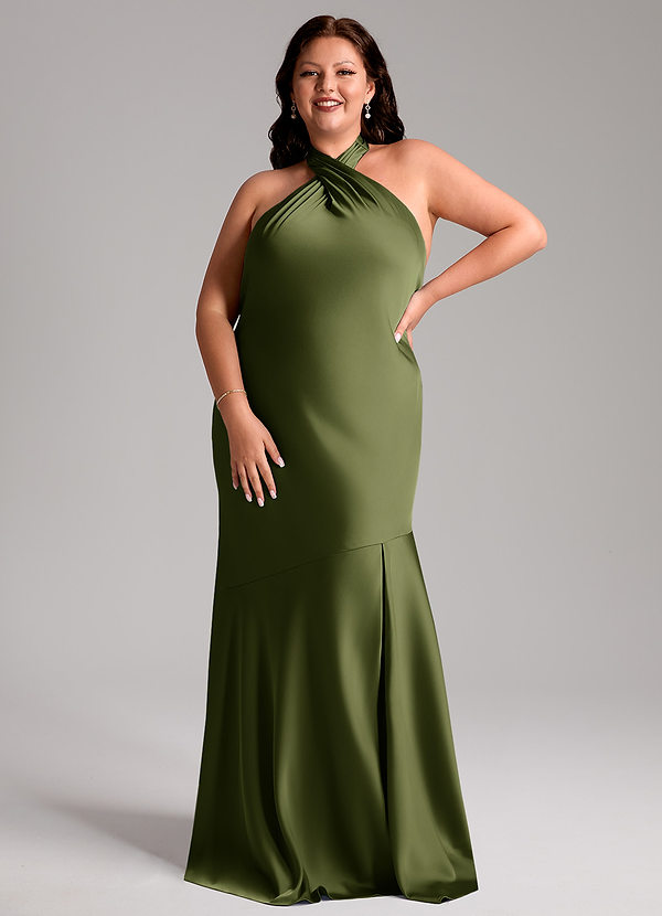 Azazie Lorena Robes Demoiselle d'honneur Robe Sirène en Satin extensible Plissée Olive image1