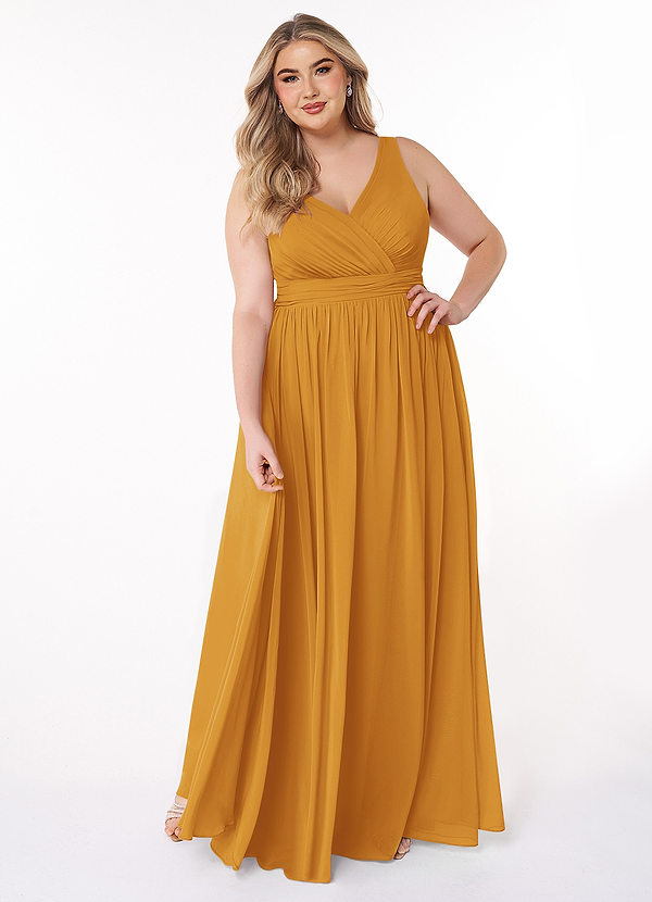 Azazie Kora Bridesmaid Dresses Butterscotch A-Line Pleated Chiffon Dress image1
