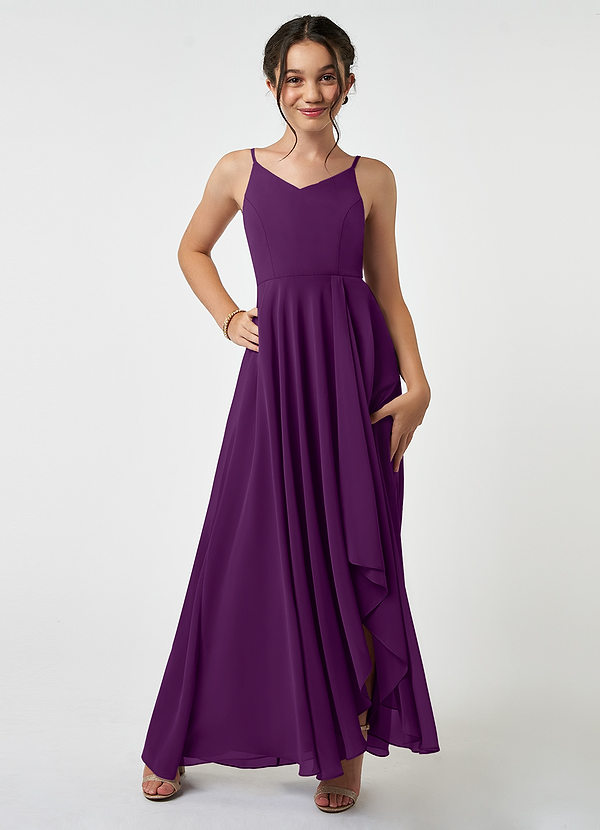 Azazie Collette Junior A-Linie Gestreift Chiffon Kleid Traube image1