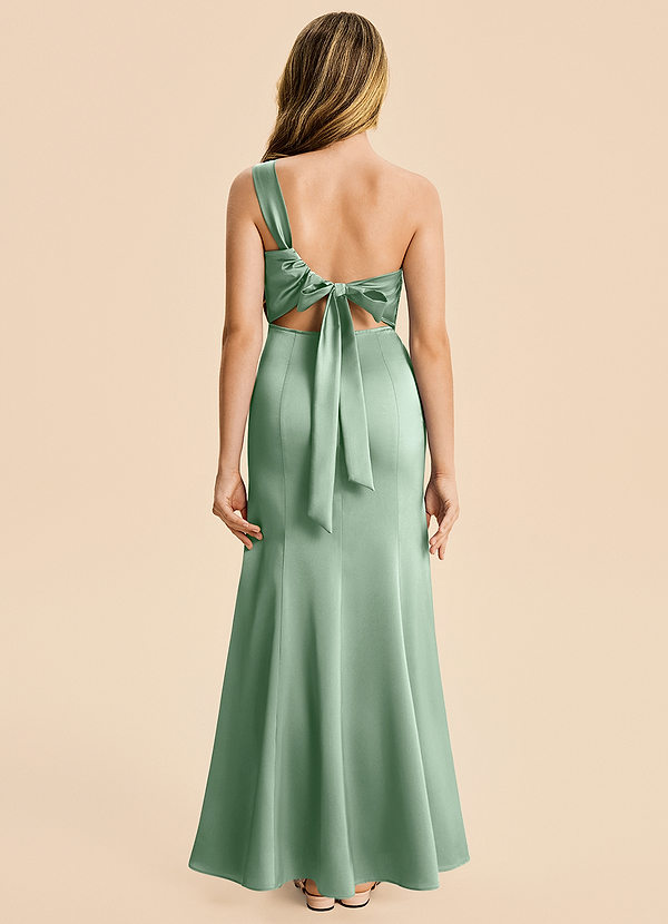 Azazie Ren Junior Agave A-Line Pleated Stretch Satin Dress image1