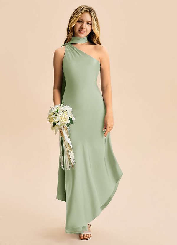 Azazie Briony Junior Vestido Dusty Sage de Cetim elástico de Bainha com Plissado image1