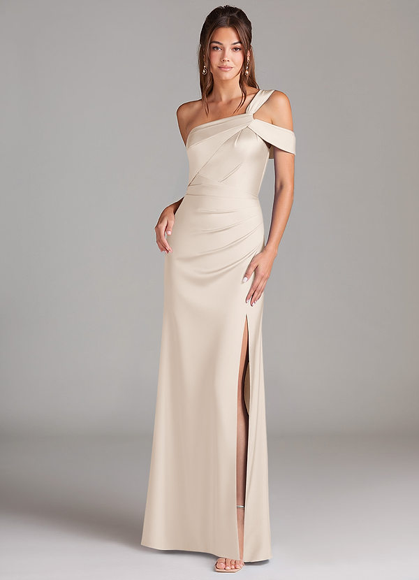 Azazie Wynter Bridesmaid Dresses White Alabaster Sheath Off the Shoulder Stretch Satin Dress image1