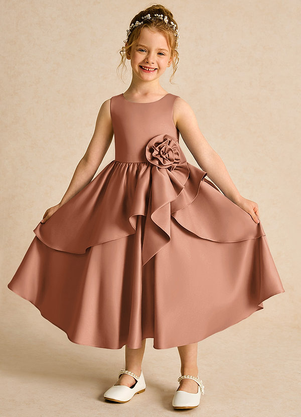 Azazie Hermia Blumenkinder Kleider A-Linie ärmellos Matte Satin Kleid Bronzer image1