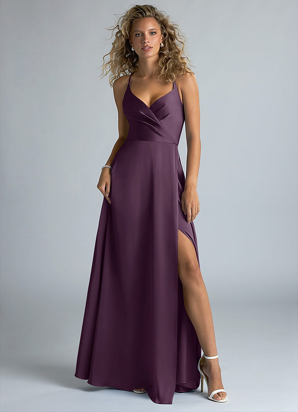 Azazie Davis Robes Demoiselle d'honneur Robe Trapèze en Satin extensible Plissée Prune image1