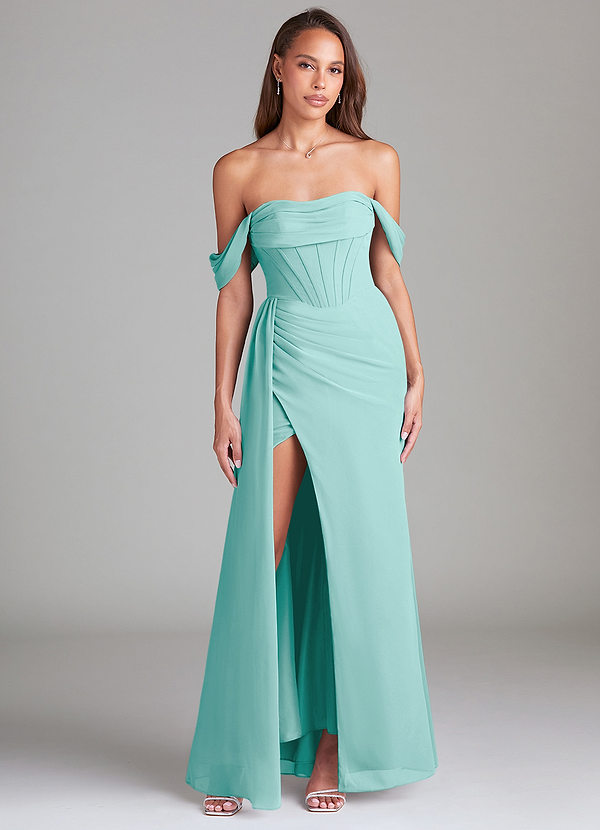 Azazie Amyra Vestidos Dama de Honor Vestido de Aqua de Gasa de Corte Recto Convertible con Vestidos sin tirantes image1