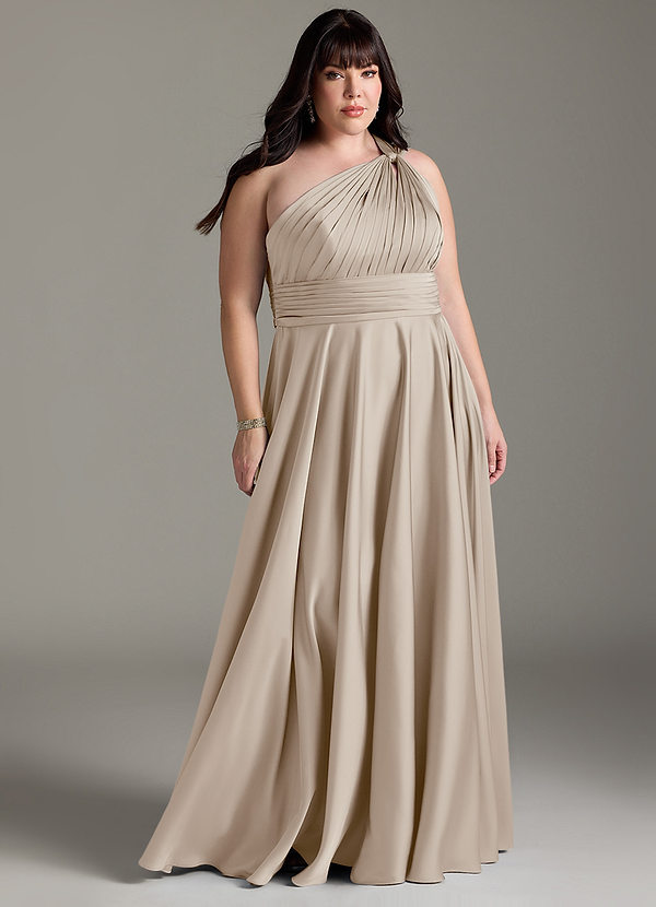 Azazie Charlize Robes Demoiselle d'honneur Robe Trapèze en Satin extensible Ue épaule Givre image1