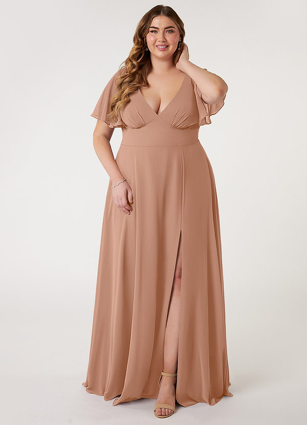 Azazie Kimber Robes Demoiselle d'honneur Robe Trapèze en Mousseline de soie Manches à volants Champagne Rosé image1