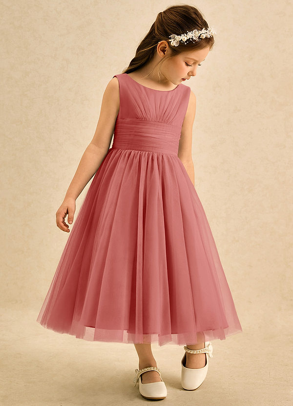 Azazie Macaron Flower Girl Dresses Antique Rose A-Line Pleated Tulle Dress image1