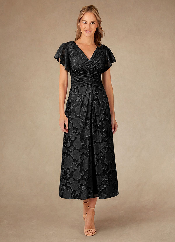Azazie Vera Vestidos de Madre de la Novia Vestido de Negro de Devorado Floral de Corte En A con Plisado image1