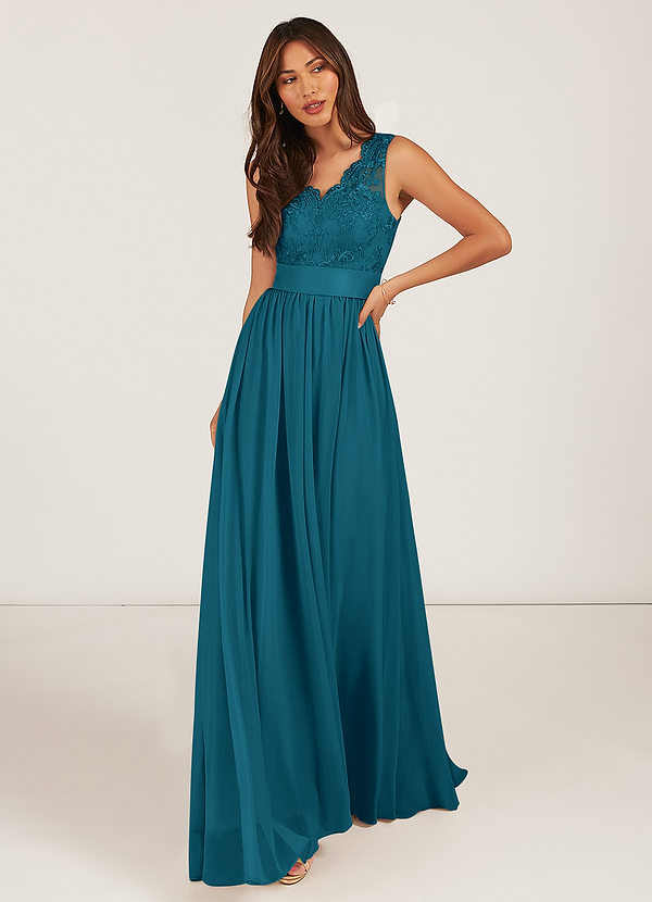 Azazie Gertrude Brautjungfernkleider A-Linie Spitze Chiffon Kleid Tintenblau image1