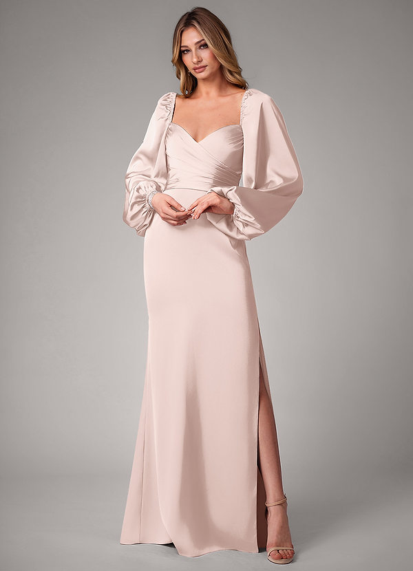 Azazie Sonata Bridesmaid Dresses Blushing Pink Sheath Long Sleeve Stretch Satin Convertible Dress image1