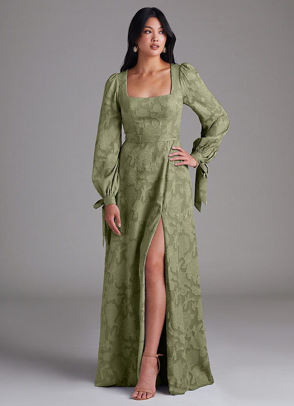 Azazie Leonia Vestidos Dama de Honor Vestido de Pistacho de Devorado Floral de Corte en A con Manga larga image1