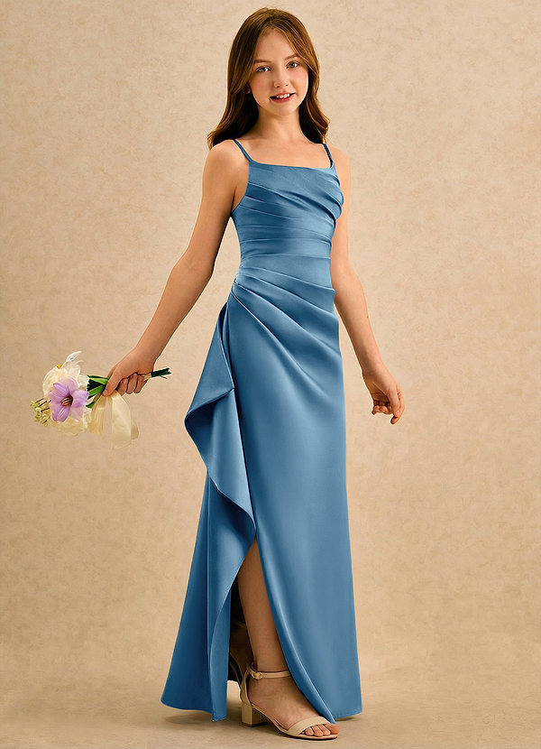 Azazie Cannoli Girls Formal Sukienki dla dziewczynek sypiących kwiaty Linia A Pofałdowany Matowy satynowy Długość podłogi Sukienka image1