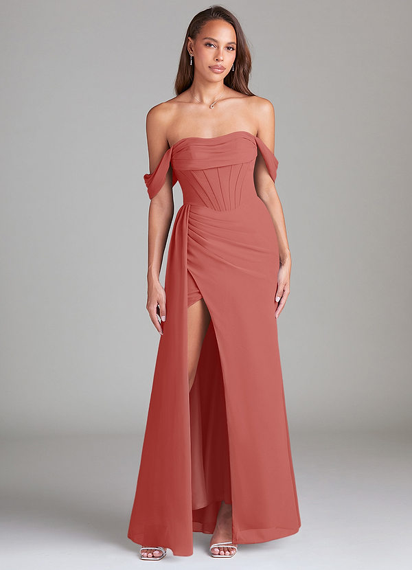Azazie Amyra Robes de demoiselle d'honneur Robe Fourreau Convertible en Mousseline de soie Épaules dénudées Antique Rose image1