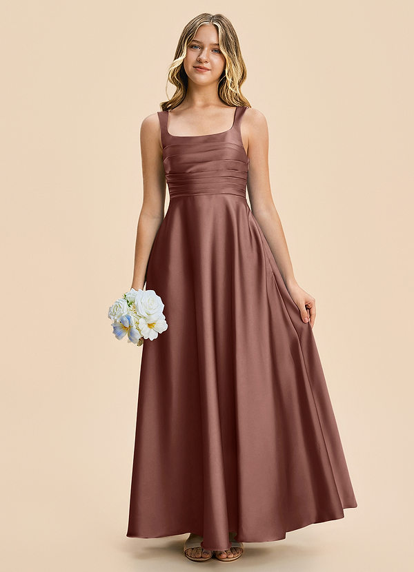Azazie Azaria Junior A-Linie Plissee Stretch-Satin Kleid Espresso image1