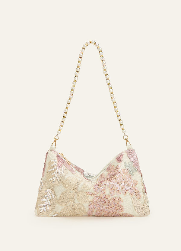 front Sequin Embroidered Floral Pearl Strap Shoulder Bag