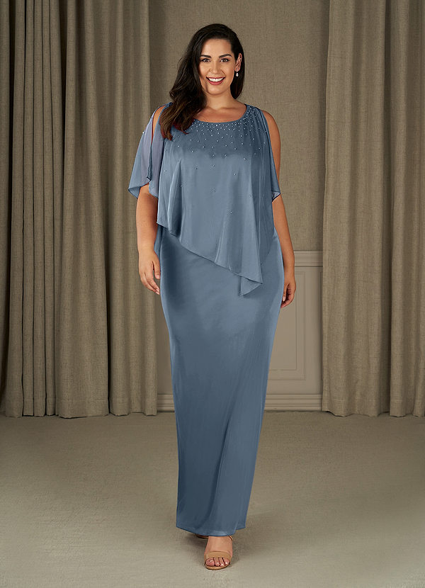 Azazie Aspyn Robe Mère de la Mariée & du Marié Robe Fourreau en Maille Perlé Bleu Poussiéreux image1