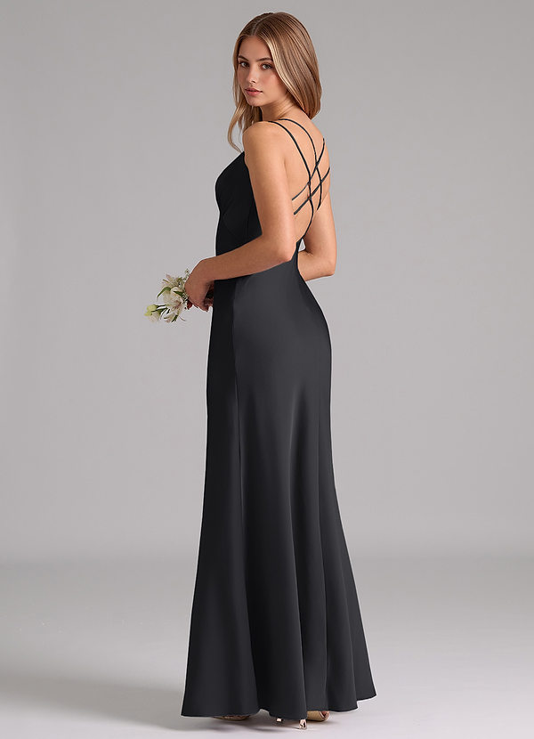 Azazie Suttona Vestidos Dama de Honor Vestido de Negro de Satén Elástico de Corte en A con Plisado image1