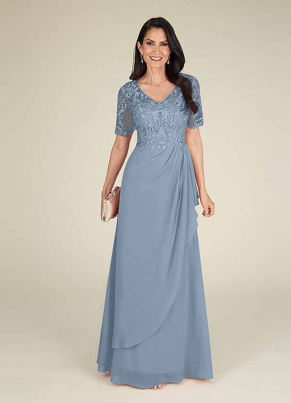 Dusty Blue Azazie Amedeus A-Line V-Neck Lace Chiffon Floor-Length Dress ...