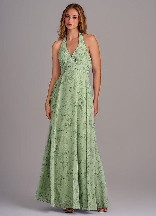 Azazie Tessie Bridesmaid Dresses Green Fern Floral A-Line V-Neck Pleated Chiffon Dress image1