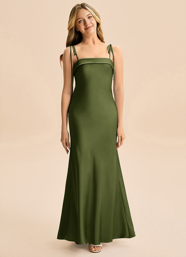 Azazie Willa Junior Olive A-Line Bow Stretch Satin Dress image1