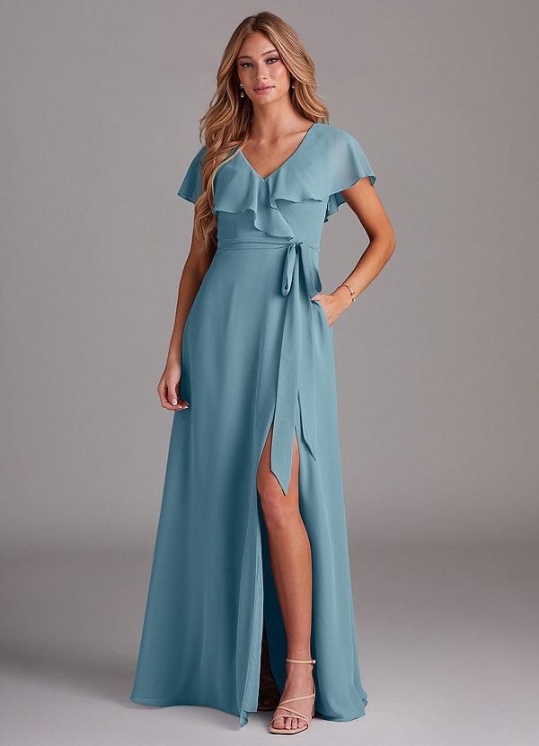 Azazie Lainey Bridesmaid Dresses Moody Blue A-Line with Pockets Chiffon Dress image1