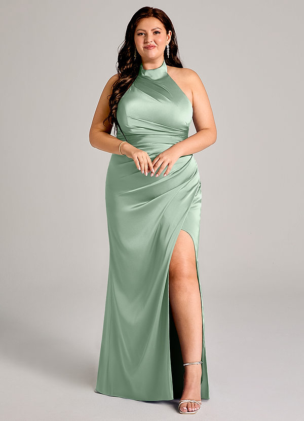 Azazie Jemma Bridesmaid Dresses Agave Sheath Pleated Stretch Satin Dress image1