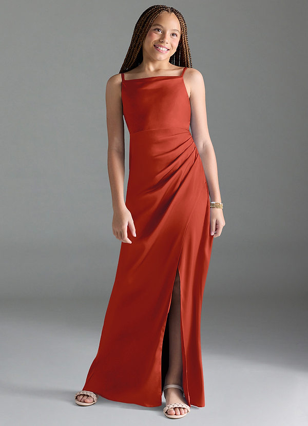 Azazie Leonis Junior Rust A-Line Pleated Stretch Satin Dress image1