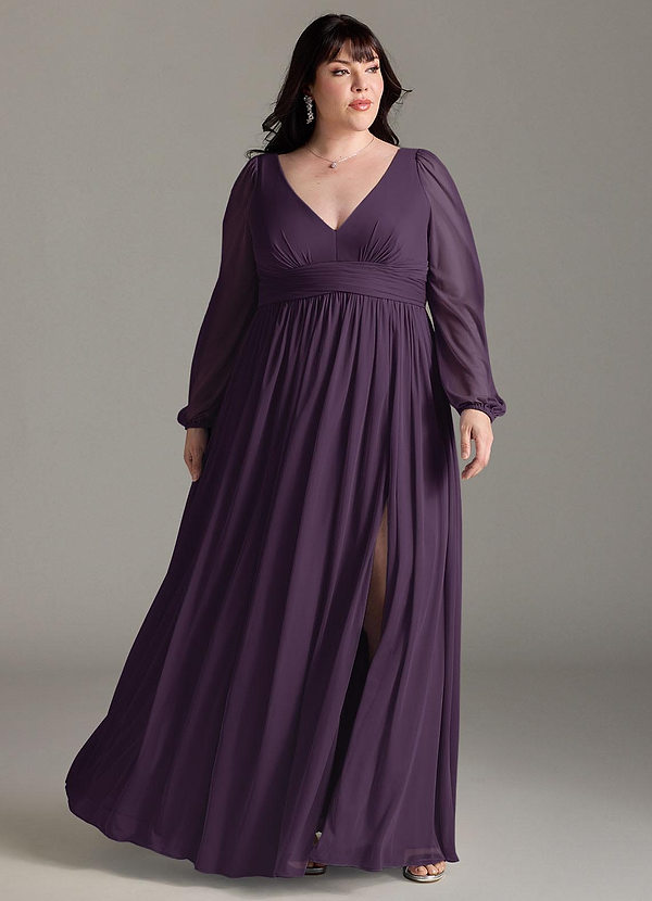 Azazie Norah Bridesmaid Dresses Plum A-Line V-Neck Long Sleeve Chiffon Dress image1