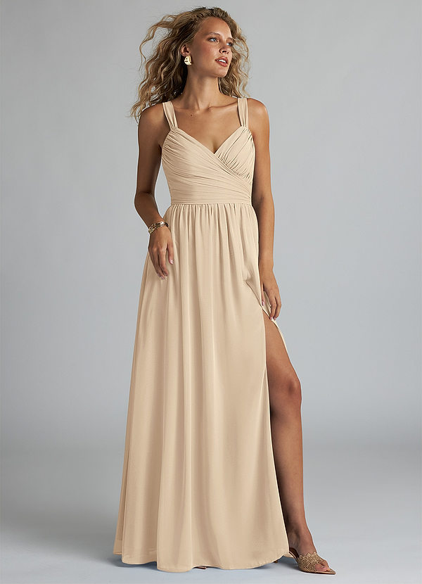 Azazie Aziza Bridesmaid Dresses Champagne A-Line V-Neck Pleated Chiffon Dress image1