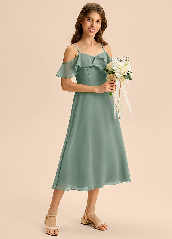 Azazie Kamilla Junior Silver Sage A-Line Off the Shoulder Chiffon Dress image1