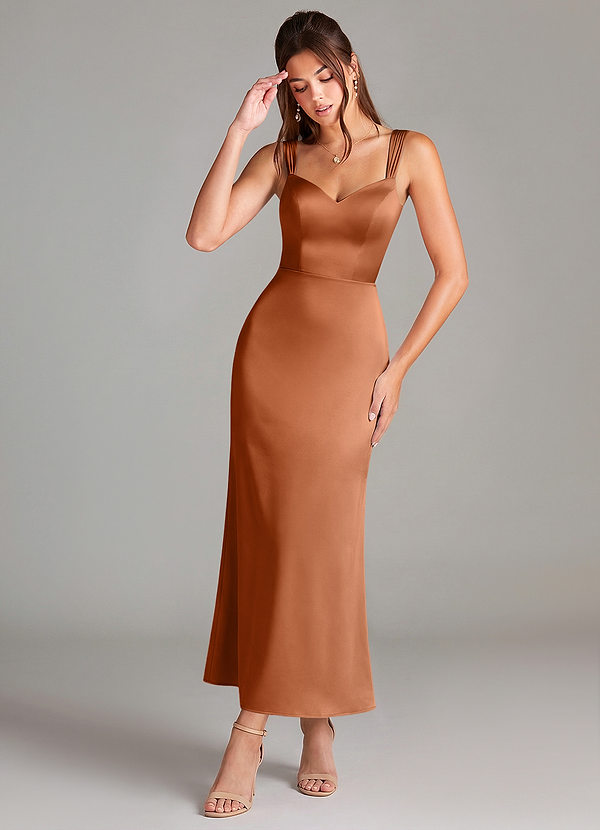 Azazie Denice Bridesmaid Dresses Copper Sheath Pleated Stretch Satin Dress image1