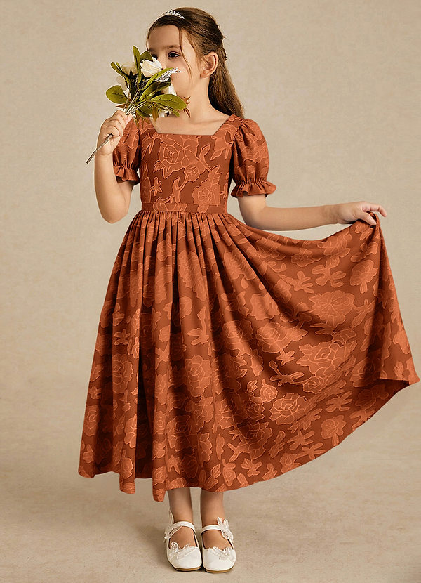Azazie Joss Blumenkinder Kleider A-Linie mit ärmel Blumen-Burnout Kleid Gebranntes Orange image1