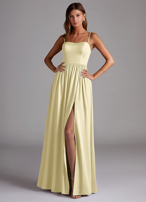 Azazie Calianna Bridesmaid Dresses Lemon Sorbet A-Line Off the Shoulder Stretch Satin Convertible Dress image1