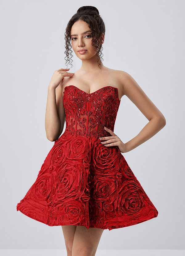 Mathilde Rosso Mini abito skater senza spalline con corsetto in rete 3D a rose. image1