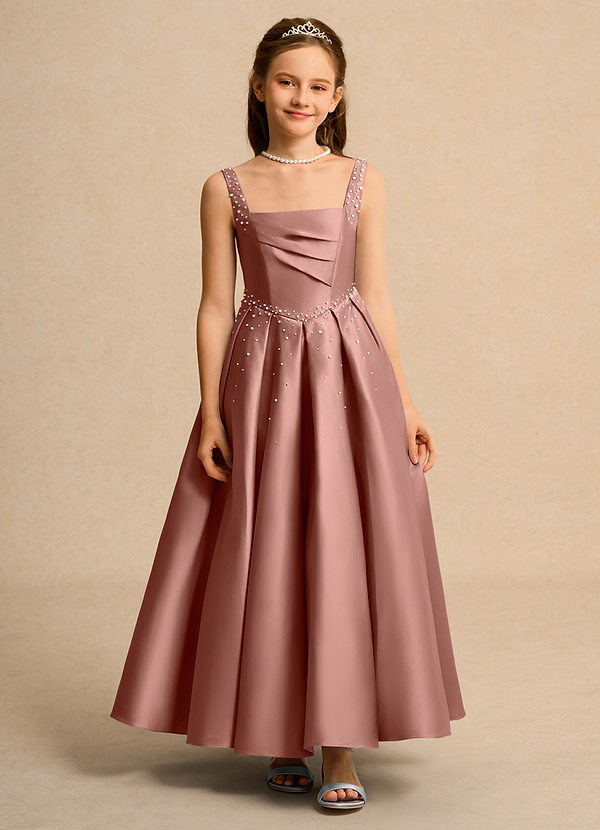 Azazie Mochi Girl Bloemenmeisjes Jurken Baljurk Jurk van Mat Satijn Geplooid Ceder Roos image1