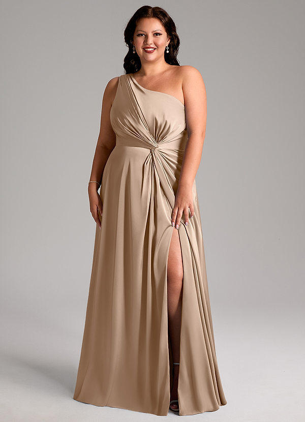 Azazie Brooke Bridesmaid Dresses Taupe A-Line One Shoulder Stretch Satin Dress image1