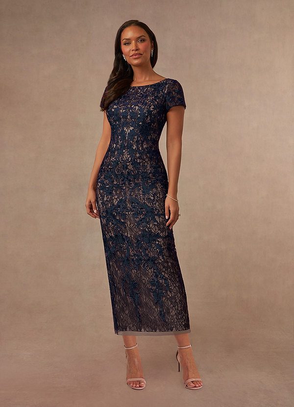 Azazie Alyssum Mother of the Brides Dresses Dark Navy Sheath Scoop Lace Dress image1