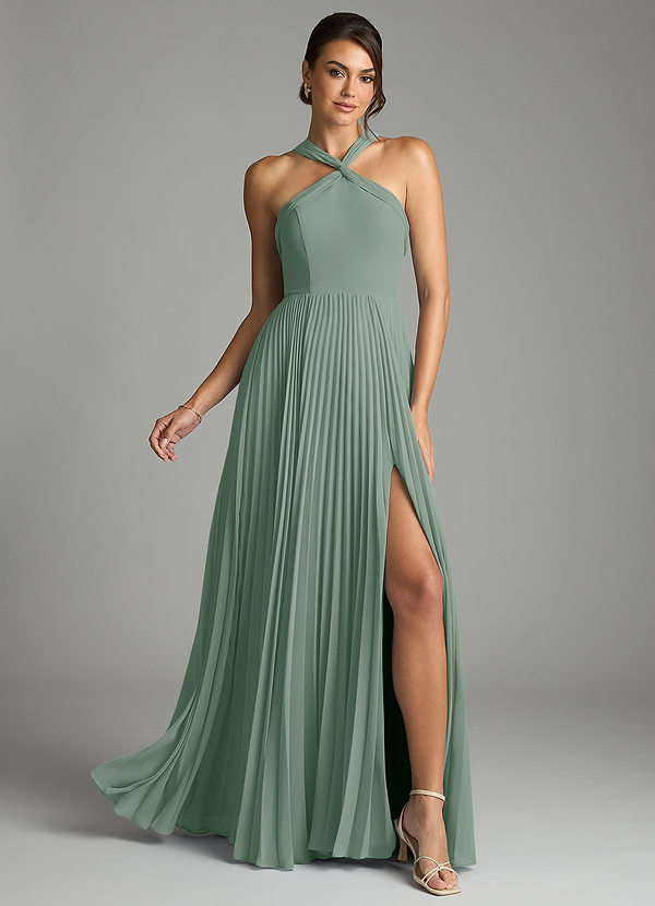 Azazie Afra Abiti da Damigella Abito A-Line in Chiffon Plissettato Salvia Argentata image1