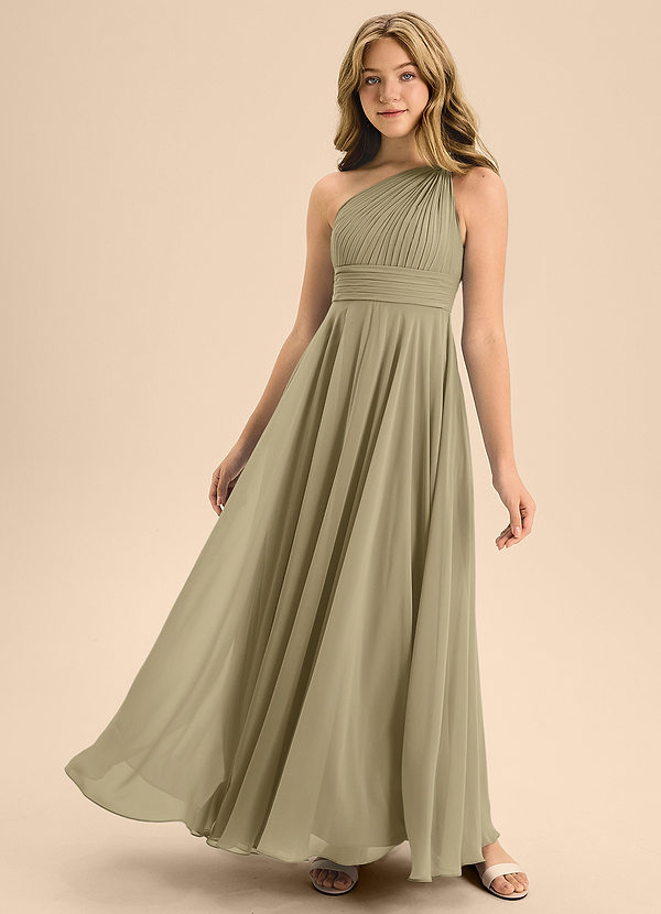 Azazie Charlize Junior Robe Trapèze en Mousseline de soie Plissée Vert Mousse image1