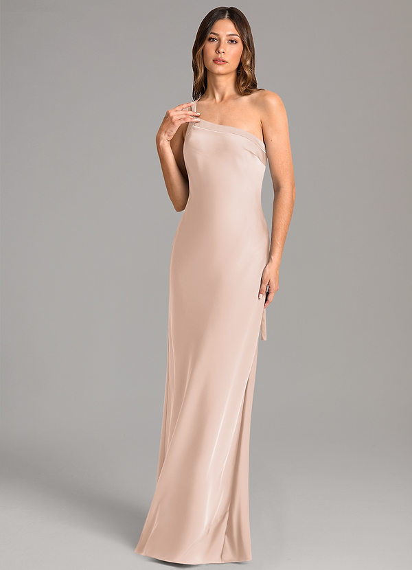 Azazie Monroe Bridesmaid Dresses Blushing Pink Mermaid One Shoulder Stretch Satin Dress image1