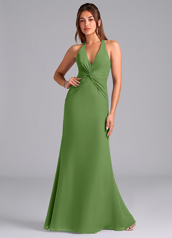 Azazie Valerie Vestidos Dama de Honor Vestido de Albahaca de Gasa de Corte Sirena con Plisado image1