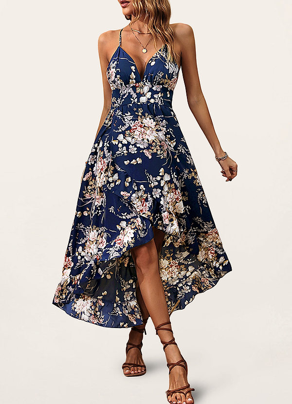 front Amour délicat Bleu Marin Robe asymétrique à imprimé floral