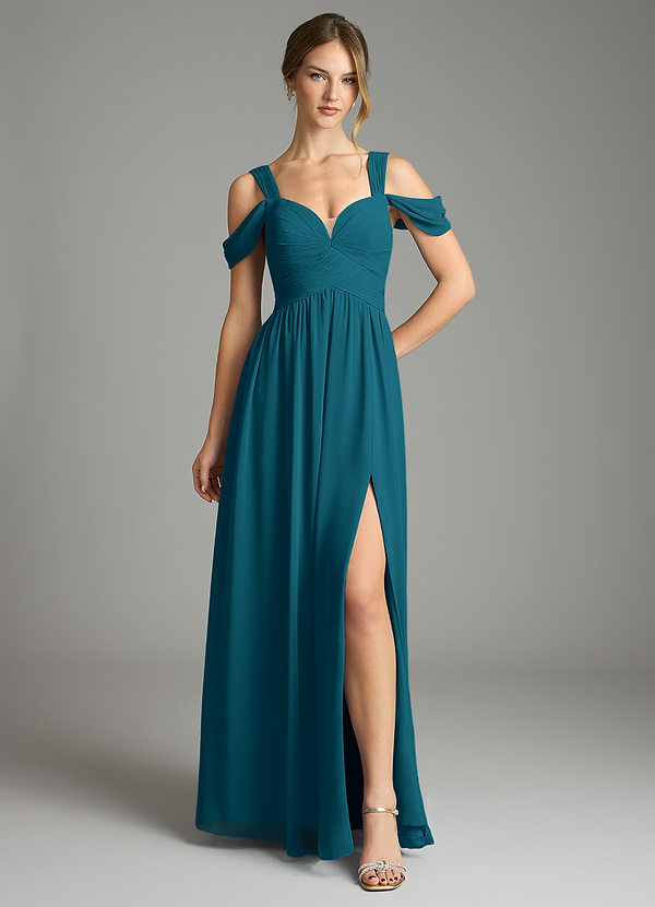 Azazie Lianne Bridesmaid Dresses Ink Blue A-Line Off the Shoulder Chiffon Dress image1