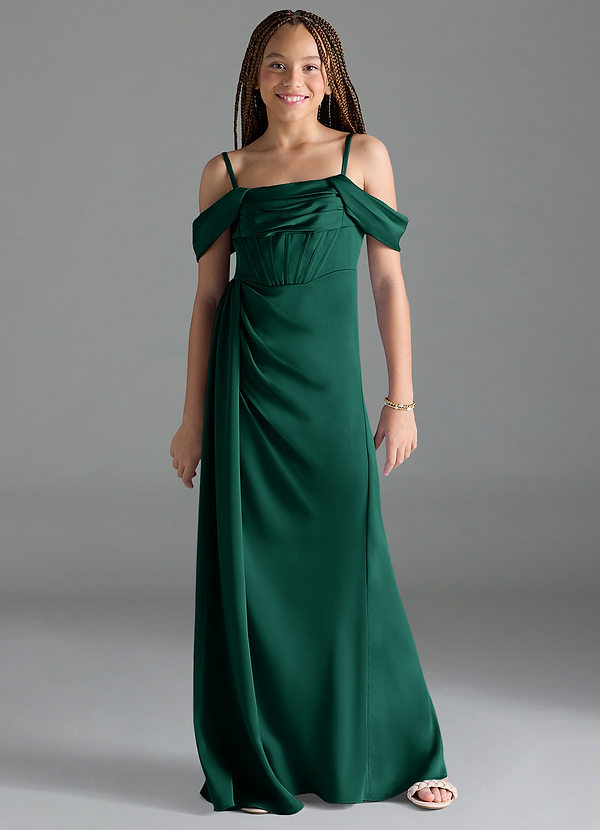 Azazie Amyra Junior Emerald Sheath Off the Shoulder Stretch Satin Dress image1